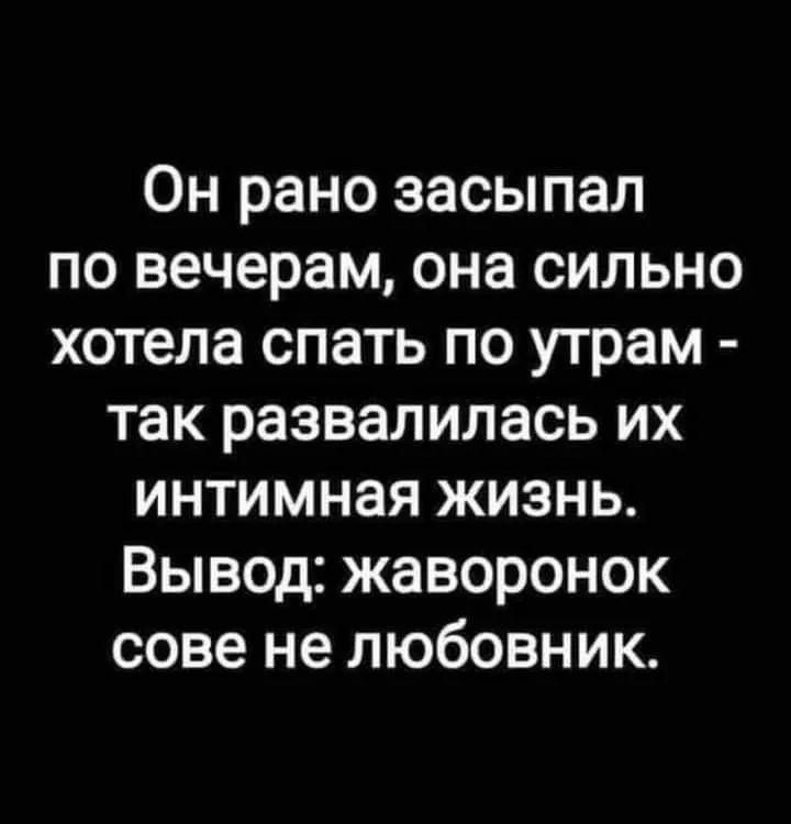 Он рано засыпал по вечерам она сильно хотела спать по утрам так развалилась их интимная жизнь Вывод жаворонок сове не любовник