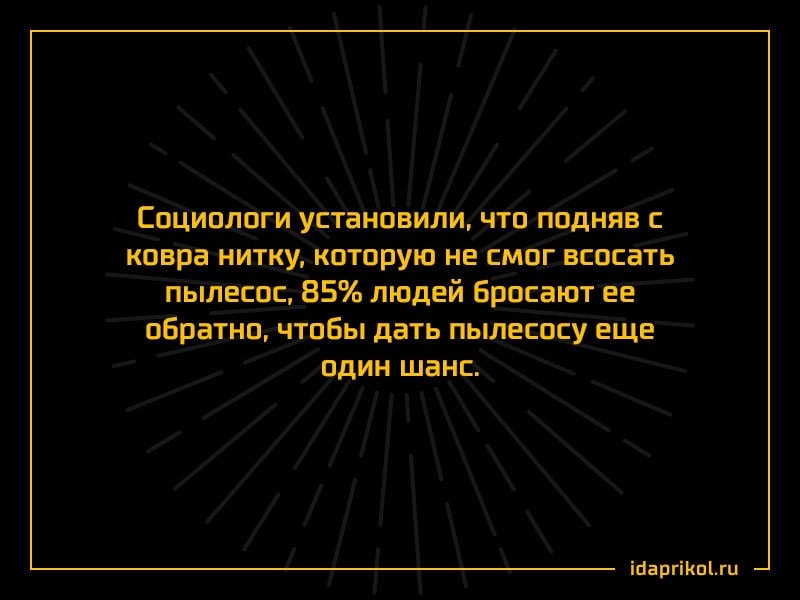 Социологи установили что подняв с ковра нитку которую не смог всосать пылесос 85 людей Бросают ее обратно чтобы дать пылесосу еще один шанс іЦапгіКпКти