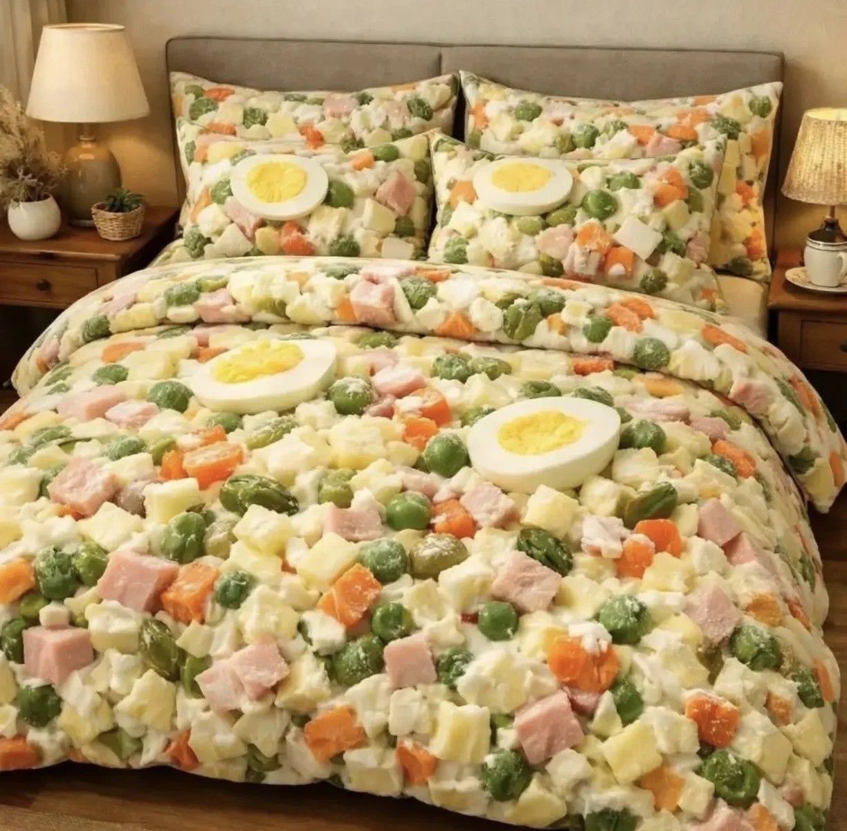 Постельное бельё с принтом из овощного салата и варёных яиц.