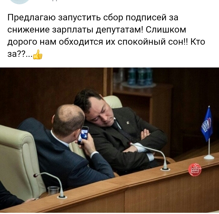 Предлагаю запустить сбор подписей за снижение зарплаты депутатам Слишком дорого нам обходится их спокойный сон Кто за