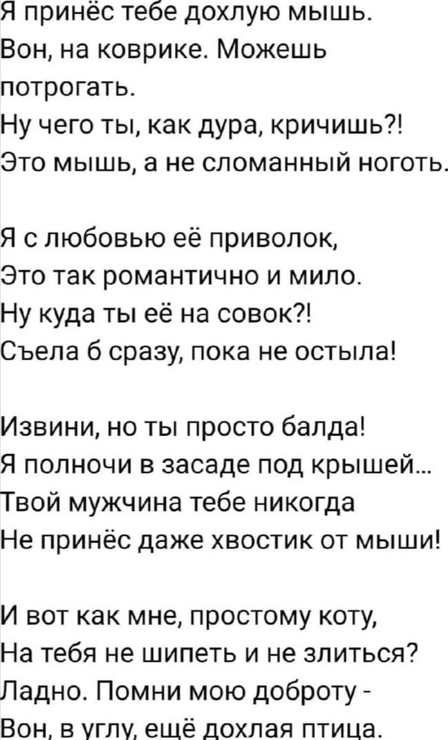 Я принёс тебе дохлую мышь.
Вон, на коврике. Можешь потрогать.
Ну чего ты, как дура, кричишь?!
Это мышь, а не сломанный ноготь.

Я с любовью её приволок,
Это так романтично и мило.
Ну куда ты её на совок?!
Съела б сразу, пока не остыла!

Извини, но ты просто балда!
Я полночи в засаде под крышей...
Твой мужчина тебе никогда
Не прийнёс даже хвостик от мыши!

И вот как мне, простому коту,
На тебя не шипеть и не злиться?
Ладно. Помни мою доброту -
Вон, в углу, ещё дохлая птица.