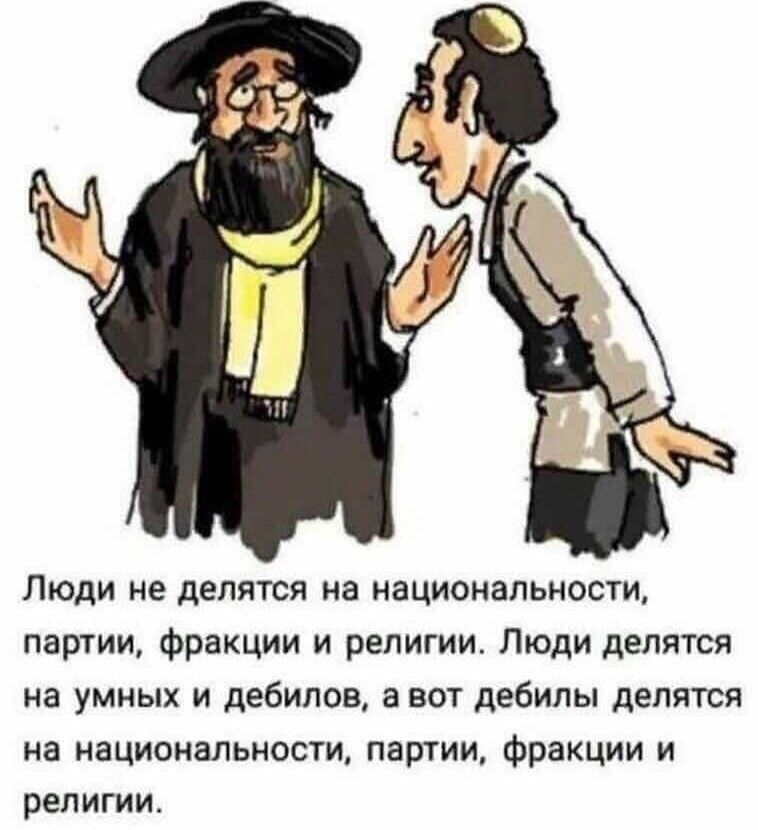 Люди не делятся на национальности, партии, фракции и религии. Люди делятся на умных и дебилов, а вот дебилы делятся на национальности, партии, фракции и религии.