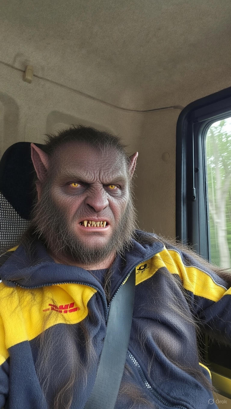 Человек в костюме оборотня за рулём автомобиля