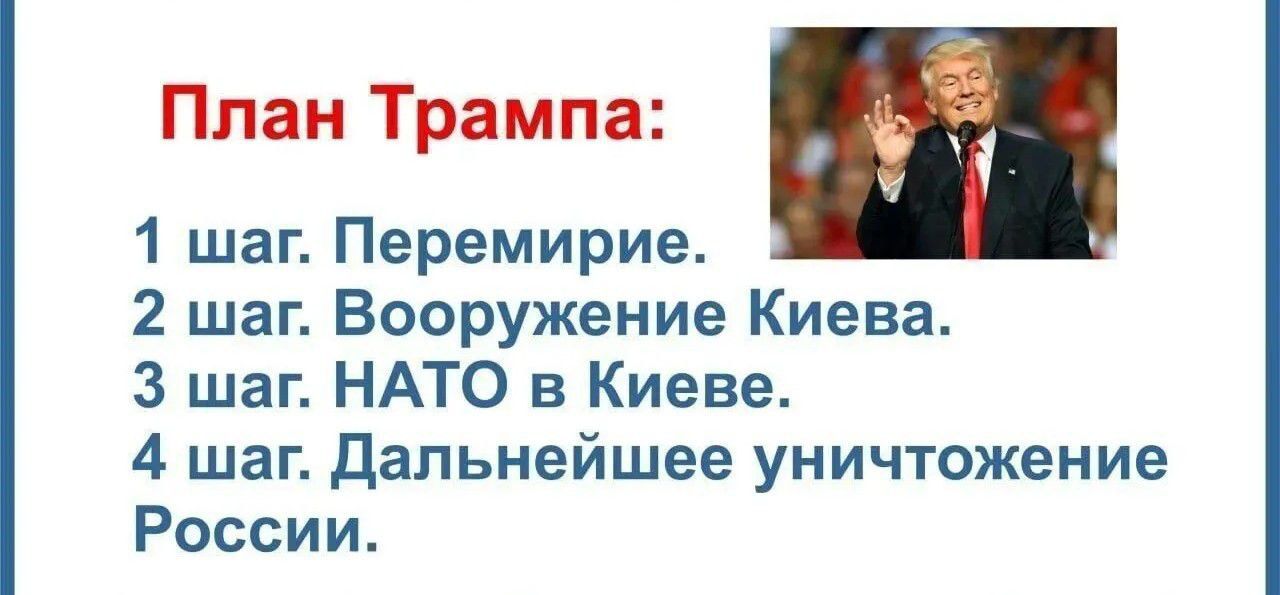 План Трампа 1 шаг Перемирие Г 2 шаг Вооружение Киева З шаг НАТО в Киеве 4 шаг Дальнейшее уничтожение России