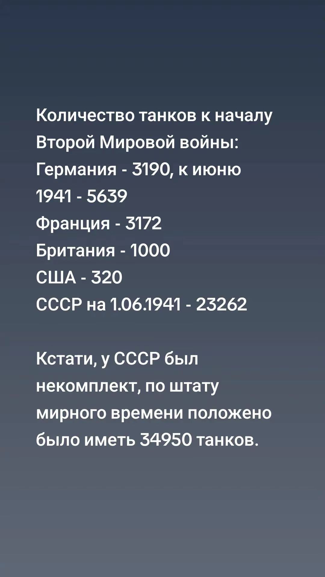 Количество танков к началу Второй Мировой войны Германия 5190 к июню 1941 5639 Франция 3172 Британия 1000 США 520 СССР на 1061941 25262 Кстати у СССР был некомплект по штату мирного времени положено было иметь 54950 танков