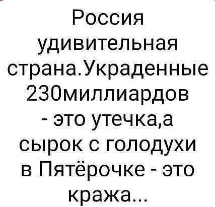 Россия удивительная страна. Украденные 230 миллиардов - это утечка, а сырок с голодухи в Пятёрочке - это кража...