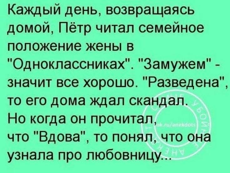 Каждый день возвращаясь домой Пётр читал семейное положение жены в Одноклассниках Замужем значит все хорошо Разведена то его дома ждал скандал Но когда он прочитал что Вдова то понял что она узнала про любовницу