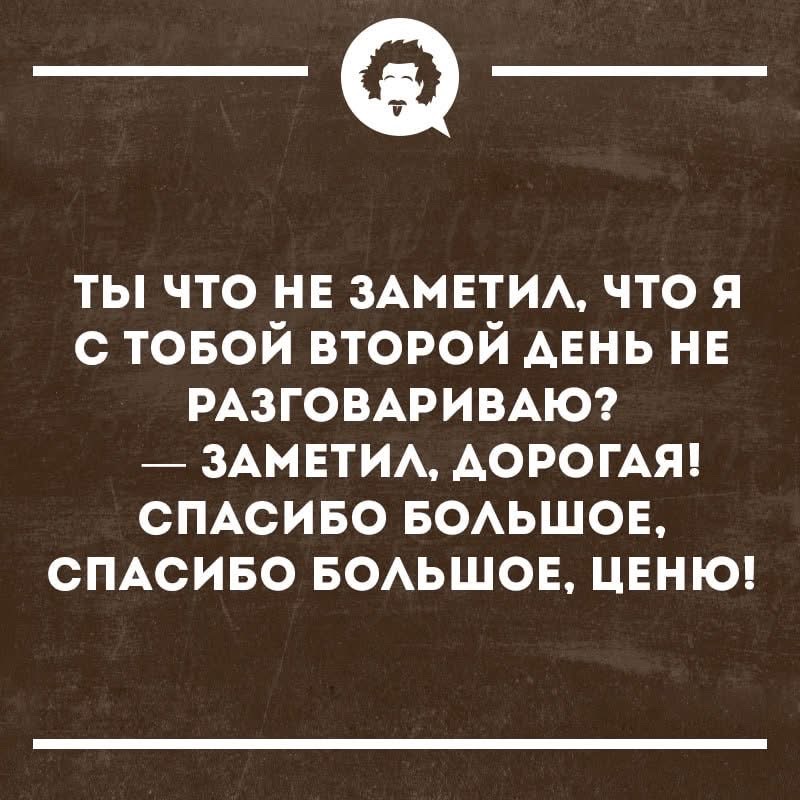 ТЫ ЧТО НЕ ЗАМЕТИЛ, ЧТО Я С ТОБОЙ ВТОРОЙ ДЕНЬ НЕ РАЗГОВАРИВАЮ? — ЗАМЕТИЛ, ДОРОГАЯ! СПАСИБО БОЛЬШОЕ, СПАСИБО БОЛЬШОЕ, ЦЕНЮ!