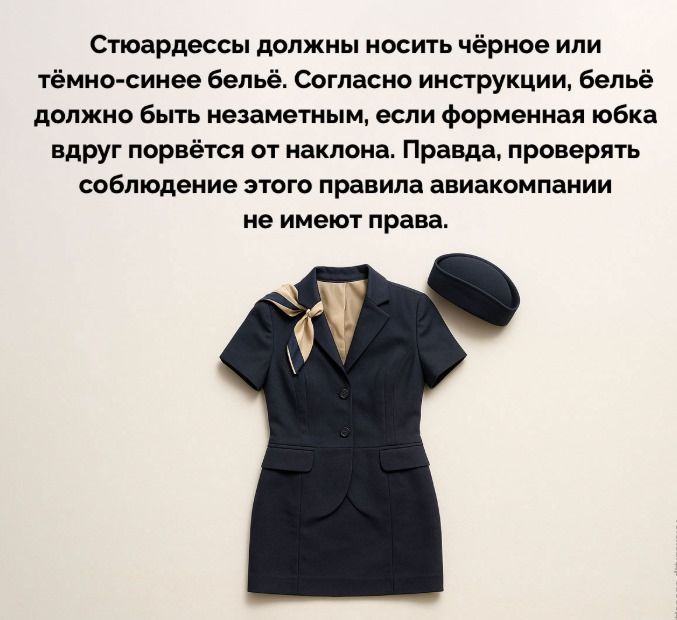 Стюардессы должны носить чёрное или тёмно-синее бельё. Согласно инструкции, бельё должно быть незаметным, если форменная юбка наклоняется. Правда, проверять соблюдение этого правила авиакомпании не имеют права.