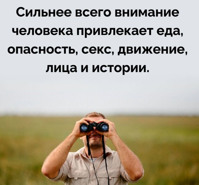 Сильнее всего внимание человека привлекает еда, опасность, секс, движение, лица и истории.
