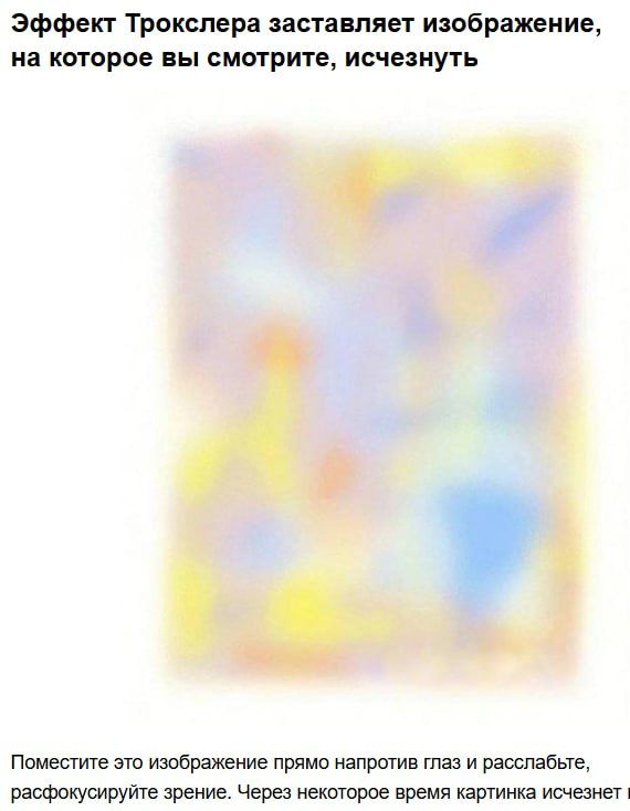 Эффект Трокслера заставляет изображение, на которое вы смотрите, исчезнуть. Поместите это изображение прямо напротив глаз и расслабьтесь, зрение. Через некоторое время картинка исчезнет