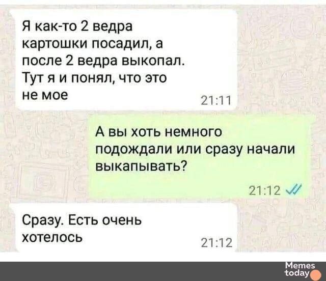 Я как-то 2 ведра картошки посадил, а после 2 ведра выкопал. Тут я и понял, что это не мое.
А вы хоть немного подождали или сразу начали выкопывать?
Сразу. Есть очень хотелось.