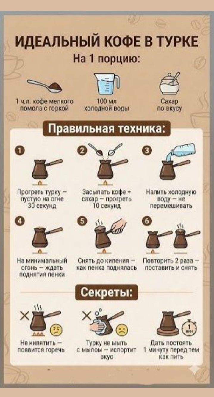ИДЕАЛЬНЫЙ КОФЕ В ТУРКЕ На 1 порцию: 1 ч.л. кофе мелкого помола с горкой 100 мл холодной воды Сахар по вкусу Правильная техника: 1 Прогреть турку – пустую на огне 30 секунд 2 Засыпать кофе + сахар – прогреть 10 секунд 3 Налить холодную воду — не перемешивать 4 На минимальный огонь — ждать поднятия пены 5 Снять до кипения — как пена поднялась 6 Повторить 2 раза – поставить и снять Секреты: Не кипятить — появится горечь Турку не мыть с мылом — испортит вкус Дать постоять 1 минуту перед тем как пить