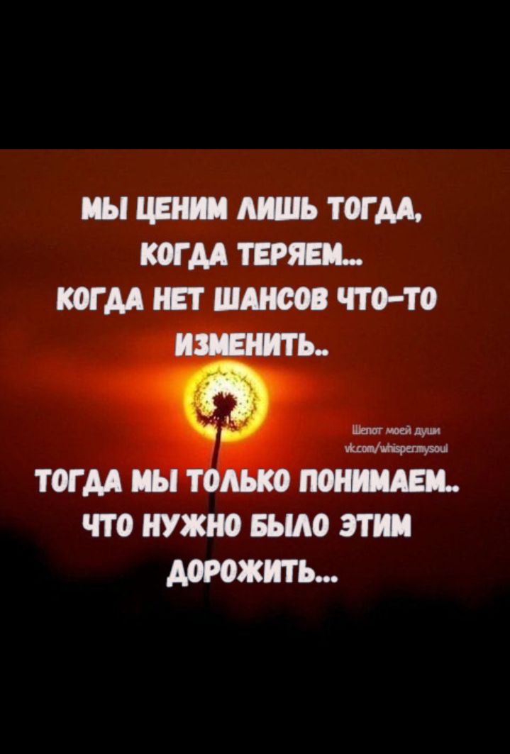 Мы ценим лишь тогда, когда теряем... Когда нет шансов что-то изменить.. Тогда мы только понимаем.. Что нужно было этим дорожить...
