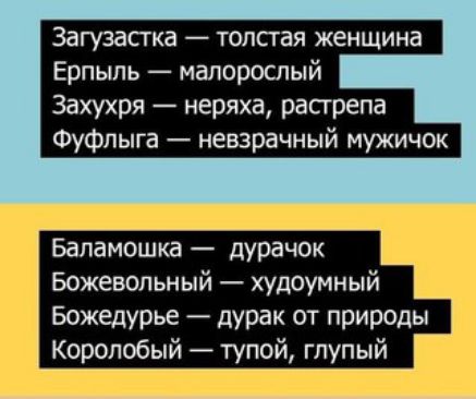Загустастка — толстая женщина
Ерпыль — малорослый
Захухра — неряха, расптя
Фуфльга — невзрачный мужичок
Баламошка — дурачок
Божевольный — худоумный
Божедурье — дурак от природы
Королюбый — тупой, глупый