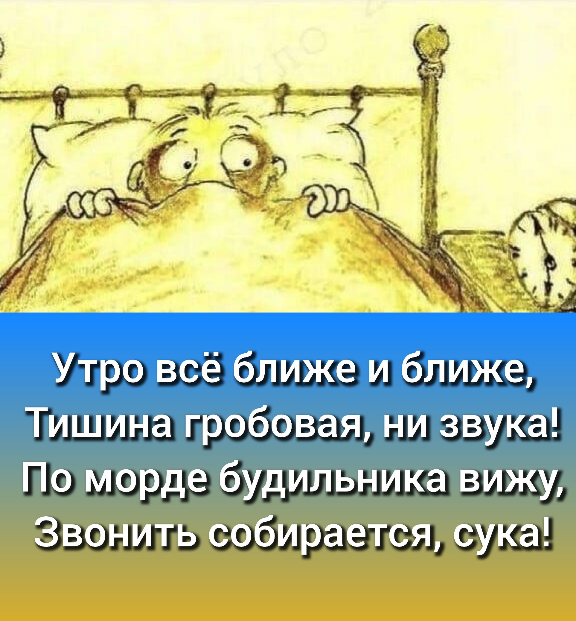 Утро всё ближе и ближе, Тишина гробовая, ни звука! По морде будильника вижу, Звонить собирается, сука!