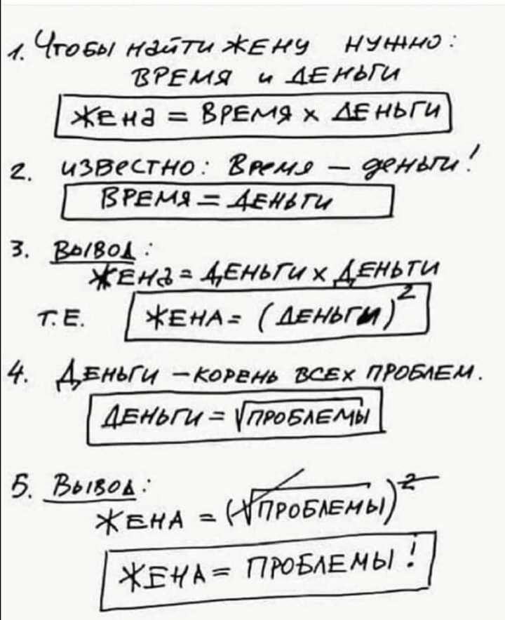 1. Чтобы найти жену нужно: Времья и деньги
   Жена = Время x Деньги
2. Известно: Время = деньги!  
   Время = Деньги
3. Вывод:  
   Жена = Деньги x Деньги  
   т.е.  
   Жена = (Деньги)²
4. Деньги - корень всех проблем.  
   Деньги = Проблемы
5. Вывод:  
   Жена = (√Проблемы)²  
   Жена = Проблемы!