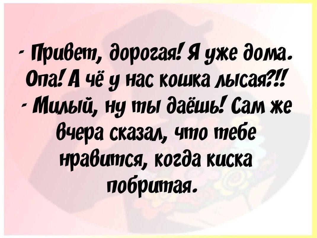 Привет, дорогая! Я уже дома. Опа! А чё у нас кошка лысая??!! - Милый, ну ты даёшь! Сам же вчера сказал, что тебе нравится, когда киска побритая.