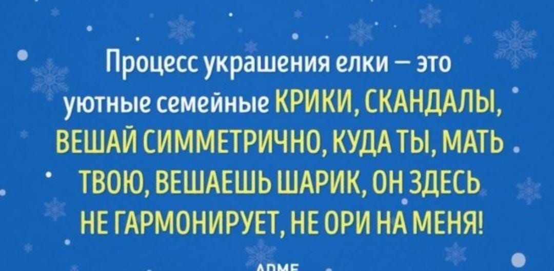Процесс украшения елки – это уютные семейные КРИКИ, СКАНДАЛЫ, ВЕШАЙ СИМЕТРИЧНО, КУДА ТЫ, МАТЬ ТВОЮ, ВЕШАЕШЬ ШАРИК, ОН ЗДЕСЬ НЕ ГАРМОНИРУЕТ, НЕ ОРИ НА МЕНЯ!