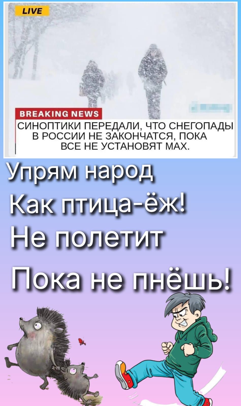 СИНОПТИКИ ПЕРЕДАЛИ, ЧТО СНЕГОПАДЫ В РОССИИ НЕ ЗАКОНЧАТСЯ, ПОКА ВСЕ НЕ УСТАНОВЯТ МАК. Упрям народ Как птица-ёж! Не полетит Пока не пнёшь!