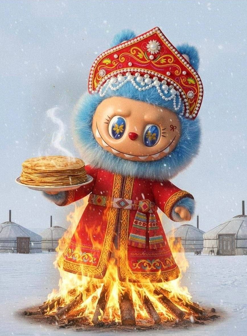 Милая куколка в традиционном костюме держит блины у костра на снегу.