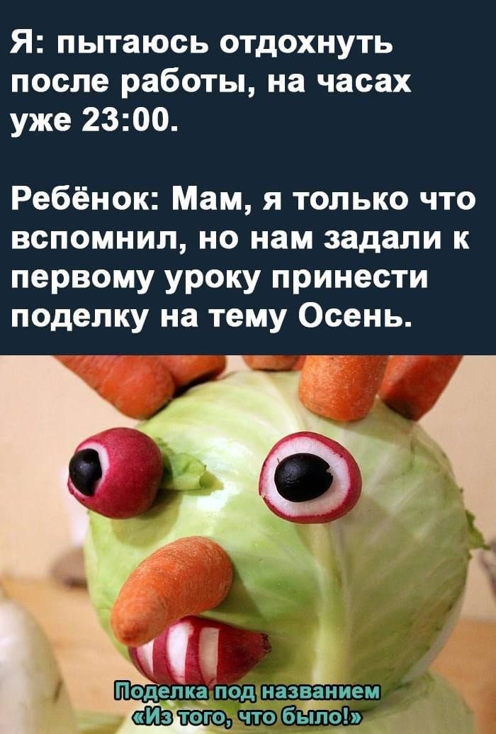 Я: пытаюсь отдохнуть после работы, на часах уже 23:00.
Ребёнок: Мам, я только что вспомнил, но нам задали к первому уроку принести поделки на тему Осень.

Поделка под названием 