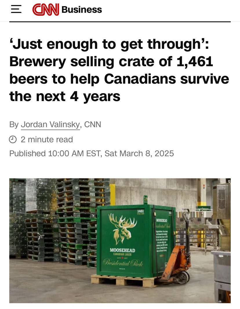 'Just enough to get through': Brewery selling crate of 1,461 beers to help Canadians survive the next 4 years
By Jordan Valinsky, CNN
2 minute read
Published 10:00 AM EST, Sat March 8, 2025