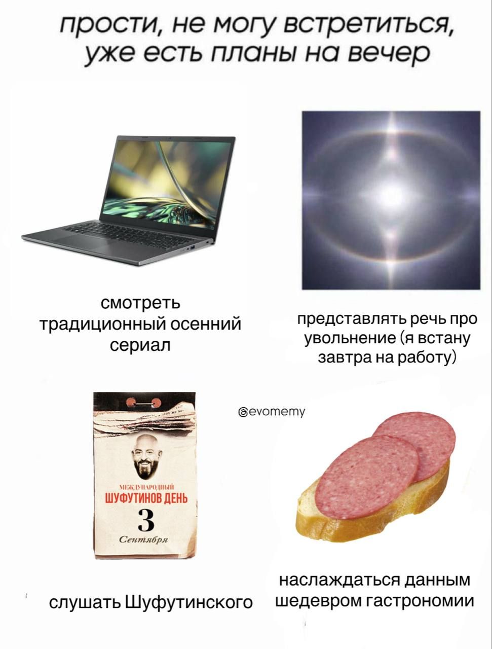 прости, не могу встретиться, уже есть планы на вечер

смотреть традиционный осенний сериал
представлять речь про увольнение (я встану завтра на работу)
слушать Шафутинского
наслаждаться данным шедевром гастрономии
