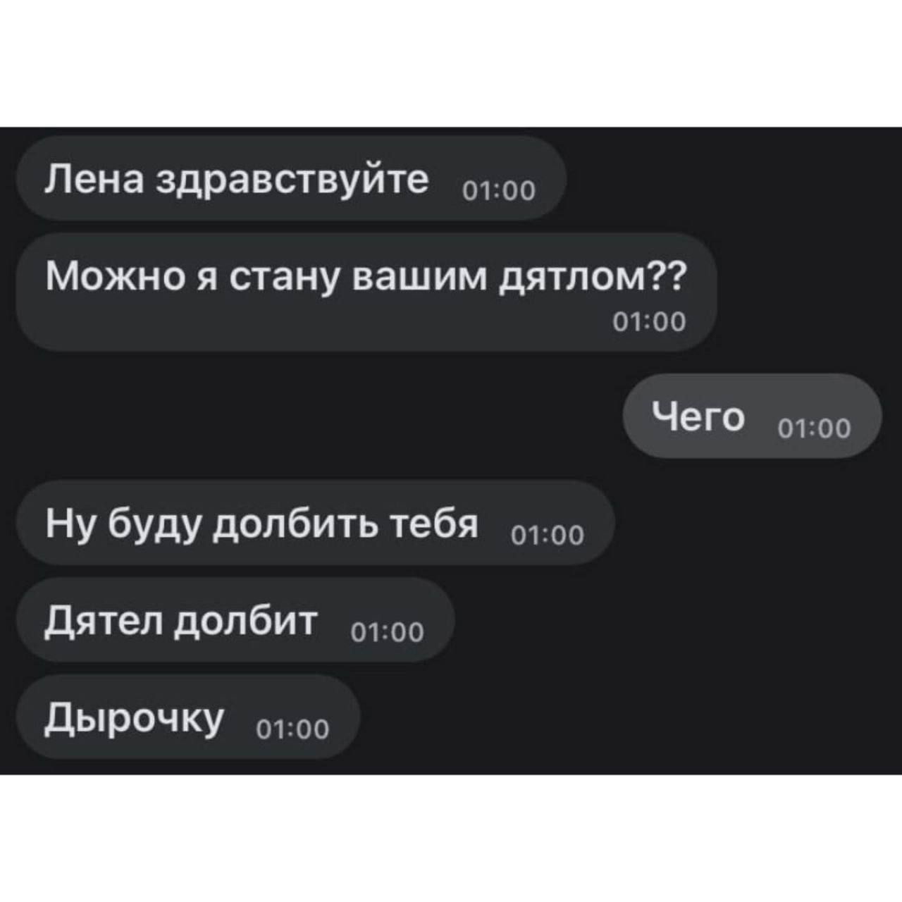 Лена здравствуйте
Можно я стану вашим дятлом??
Чего
Ну буду долбить тебя
Дятел долбит
Дырочку