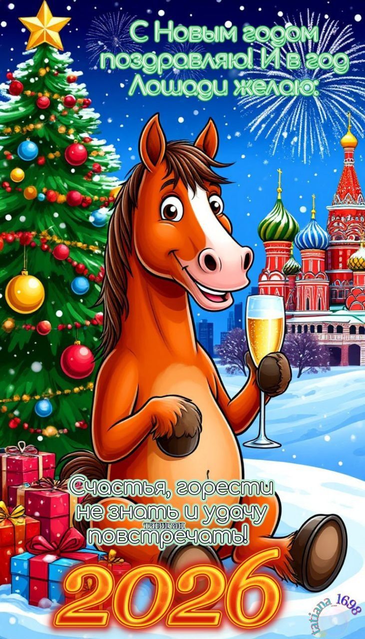 С Новым годом поздравляю! И в год Лошади желаю: счастья, горести не знать и удачу повстречать! 2026