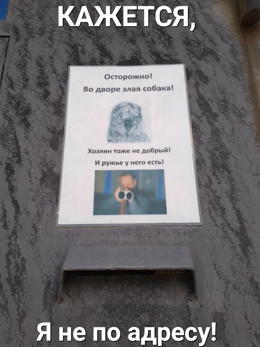КАЖЕТСЯ Осторожно Во дворе злая собака Хозяин тоже не добрый И ружье у него есть Я не по адресу