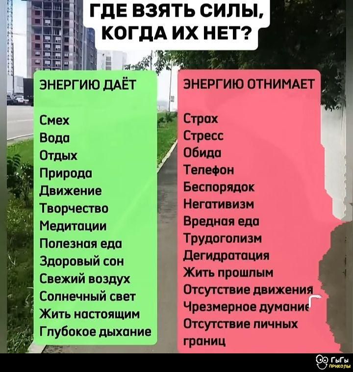 ГДЕ ВЗЯТЬ СИЛЫ, КОГДА ИХ НЕТ?

ЭНЕРГИЮ ДАЁТ
Смех
Вода
Отдых
Природа
Движение
Творчество
Медитация
Полезная еда
Здоровый сон
Свежий воздух
Солнечный свет
Жизнь настоящим
Глубокое дыхание

ЭНЕРГИЮ ОТНИМАЕТ
Страх
Стресс
Обид
Телефон
Беспорядок
Негативизм
Вероятная еда
Трудоголизм
Дегидратация
Жить прошлым
Отсутствие движения
Чересчурное думание
Отсутствие личных границ