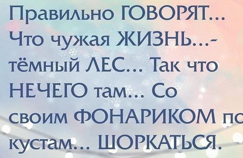 Правильно ГОВОРТЯТ Что чужая ЖИЗНЬ тёмный ЛЕС Так что НЕЧЕГО там Со своим ФОНАРИКОМ пс кустам ШОРКАТЬСЯ