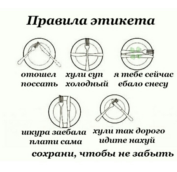Правила этикета отошел хули суп я тебе сейчас поссать холодный ебало снесу Ц Г Ь шкура заебали хули так дорого плати сама идите нахуй сохрани чтобы не забыть