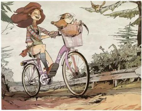 Девушка на велосипеде беседует с антилопой в корзине переднего багажника на дороге.