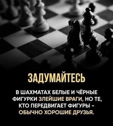 ЗАДУМАЙТЕСЬ В ШАХМАТАХ БЕЛЫЕ И ЧЁРНЫЕ ФИГУРКИ ЗЛЕЙШИЕ ВРАГИ, НО ТЕ, КТО ПЕРЕДВИГАЕТ ФИГУРЫ - ОБЫЧНО ХОРОШИЕ ДРУЗЬЯ.