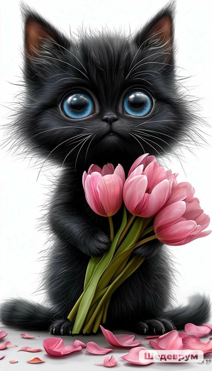 Очаровательный черный котёнок с букетом розовых тюльпанов.