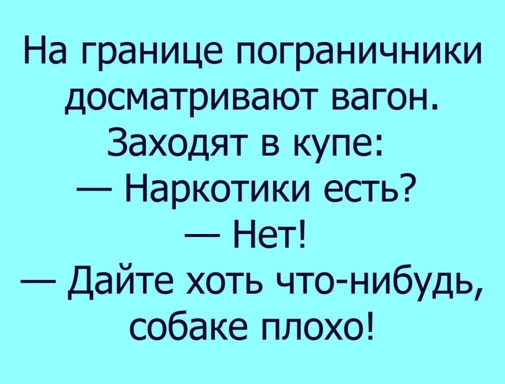 На границе пограничники досматривают вагон Заходят в купе Наркотики есть Нет Дайте хоть что нибудь собаке плохо