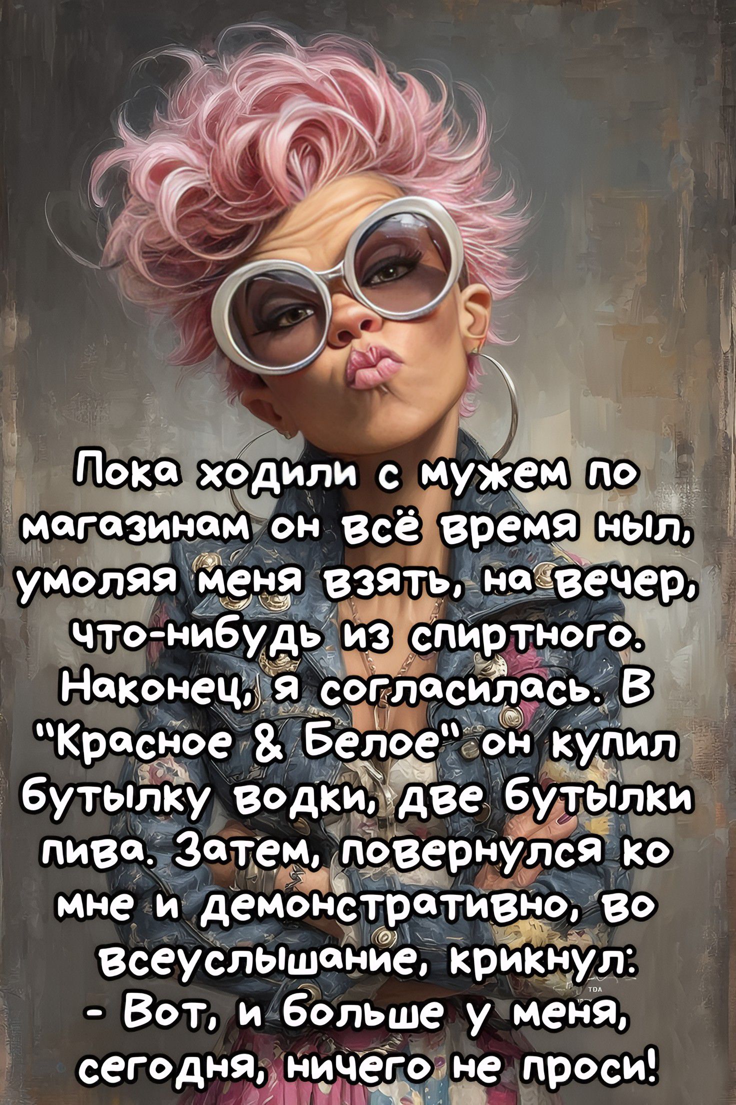 Пока ходили с мужем по магазинам он всё время ныл, умоляя меня взять, на вечер, что-нибудь из спиртного. Наконец, я согласилась. В 