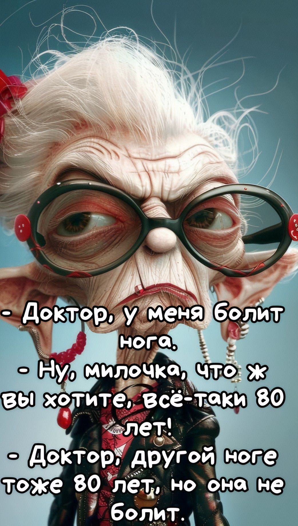 - Доктор, у меня болит нога.
- Ну, милочка, что ж вы хотите, всё-таки 80 лет!
- Доктор, другой ноге тоже 80 лет, но она не болит.