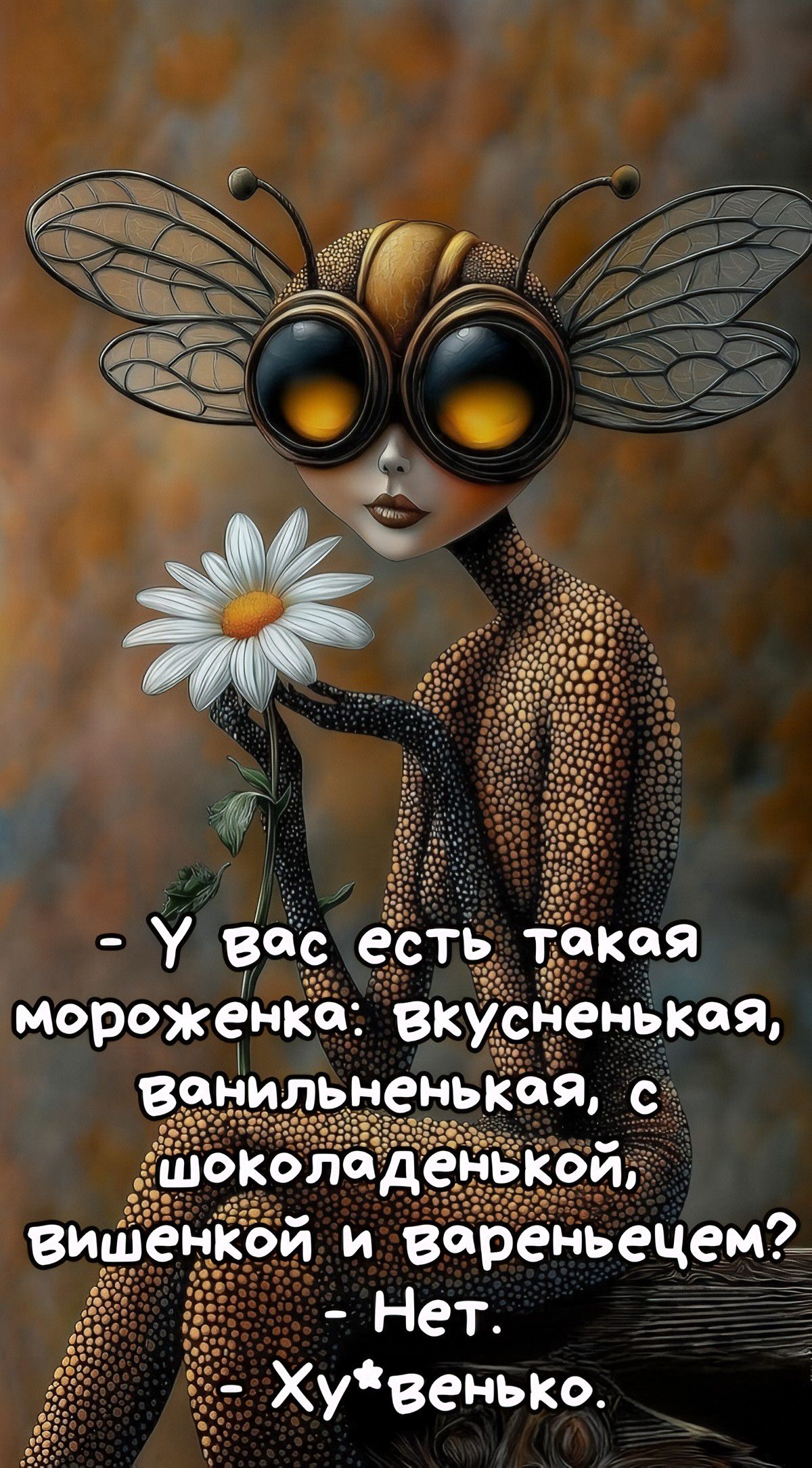 - У вас есть такая мороженка: вкусненькая, ванильненькая, с шоколаденкой, вишенкой и вареньцем? - Нет. - Ху*венку.
