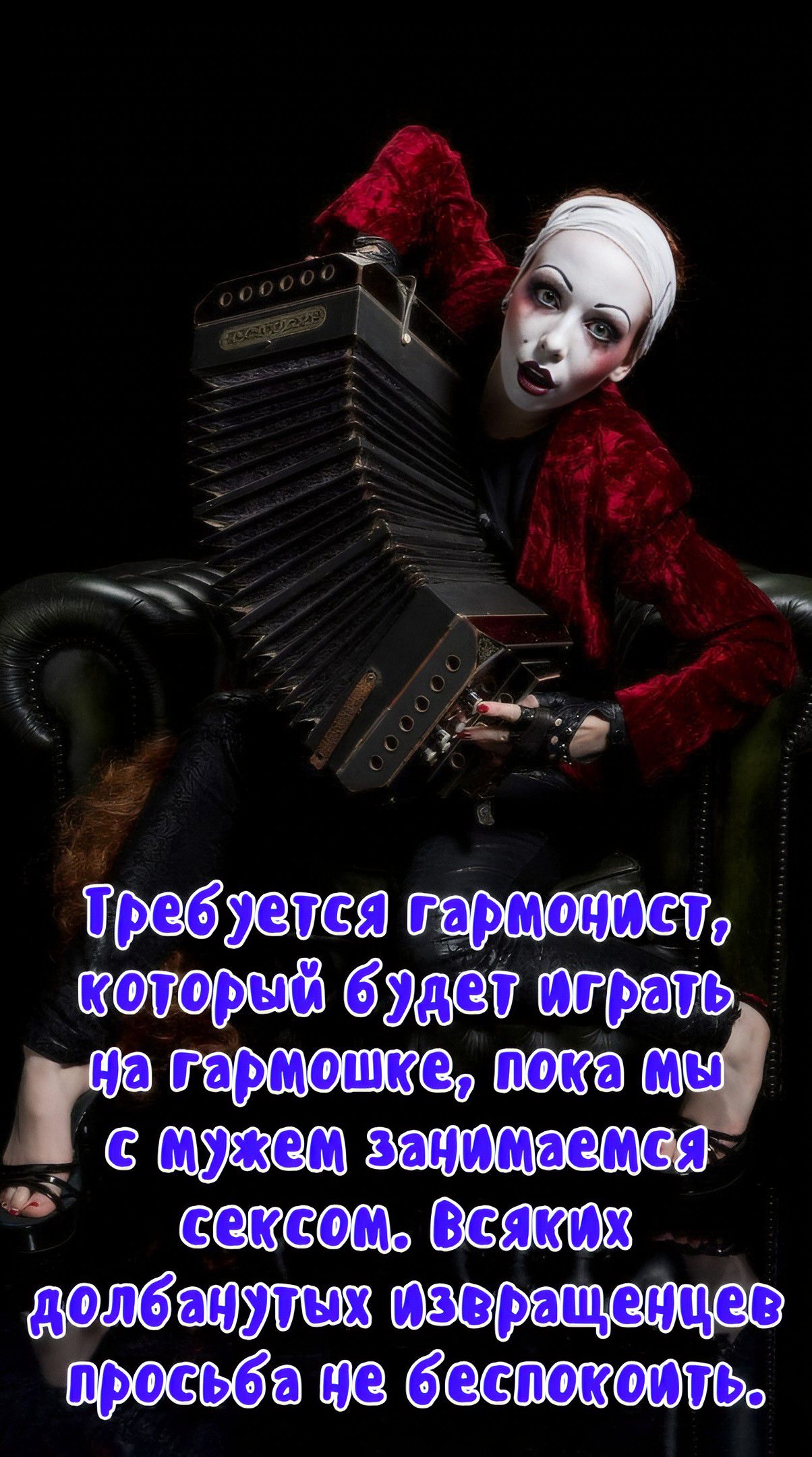 Требуется гармонист, который будет играть на гармошке, пока мы с мужем занимаемся сексом. всяких долбанутых извращенцев просьба не беспокоить.