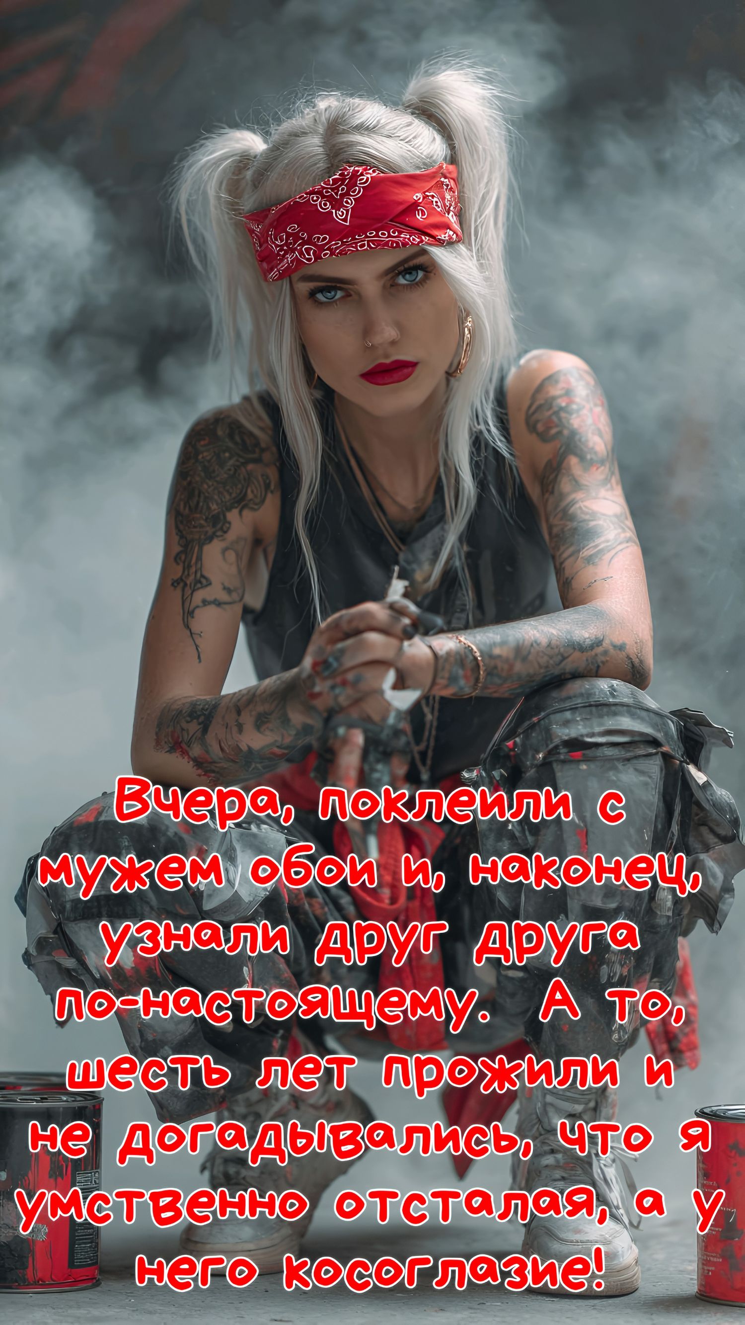 Вчера, поклеили с мужем обои и, наконец, узнали друг друга по-настоящему. А то, шесть лет прожили и не догадались, что я умственно отсталая, а у него косоглазие!