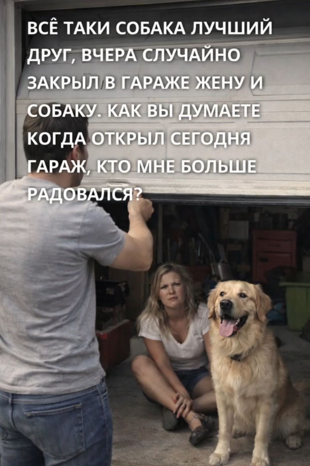 ВСЁ ТАКИ СОБАКА ЛУЧШИЙ ДРУГ, ВЧЕРА СЛУЧАЙНО ЗАКРЫЛ В ГАРАЖЕ ЖЕНУ И СОБАКУ. КАК ВЫ ДУМАЕТЕ КОГДА ОТКРЫЛ СЕГОДНЯ ГАРАЖ, КТО МНЕ БОЛЬШЕ РАДОВАЛСЯ?