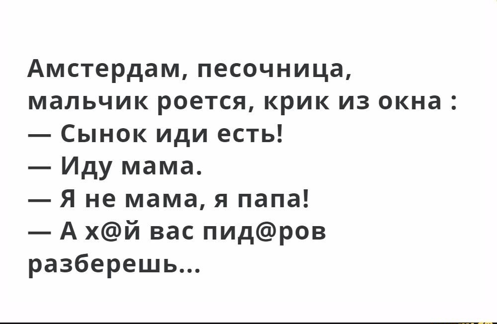 Амстердам песочница мальчик роется крик из окна Сынок иди есть Иду мама Я не мама я папа А хй вас пидров разберешь