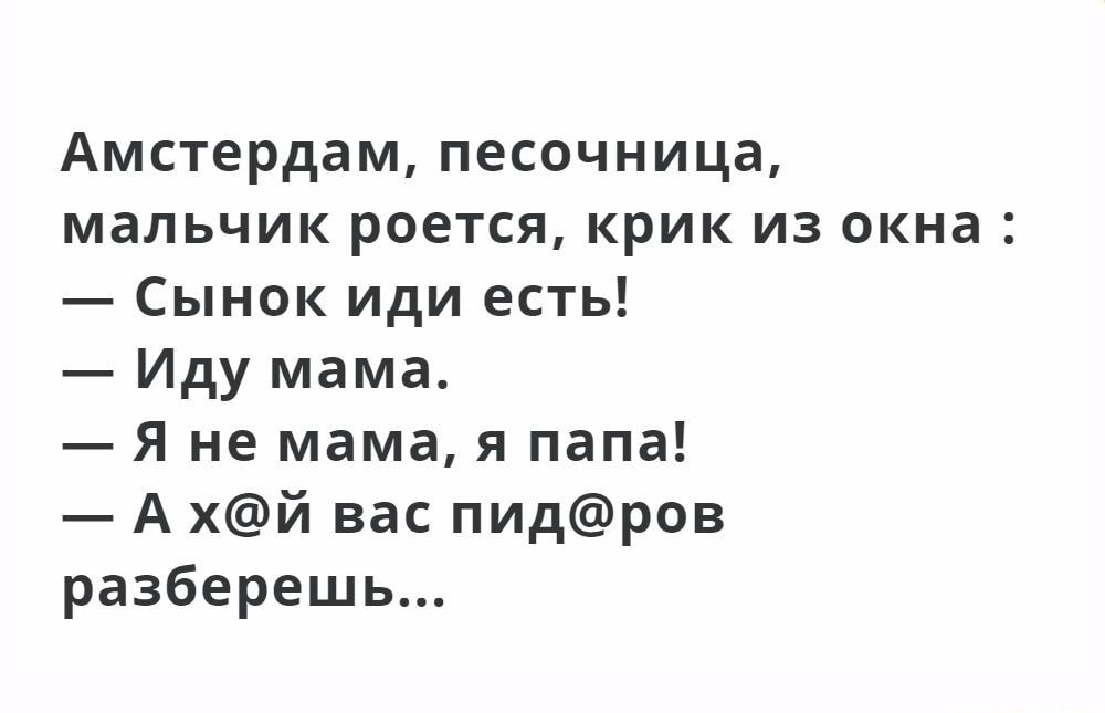 Амстердам песочница мальчик роется крик из окна Сынок иди есть Иду мама Я не мама я папа А хй вас пидров разберешь