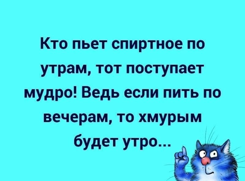 Кто пьет спиртное по утрам тот поступает мудро Ведь если пить по вечерам то хмурым бУдеТ утро