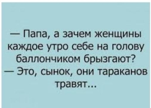 Папа а зачем женщины каждое утро себе на голову баллончиком брызгают Это сынок они тараканов травят