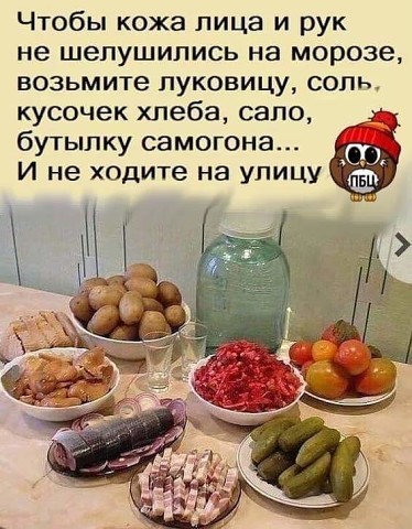 Чтобы кожа лица и рук не шепушипись на морозе возьмите луковицу соль кусочек хлеба сало бутылку самогона И не ходите на улицу