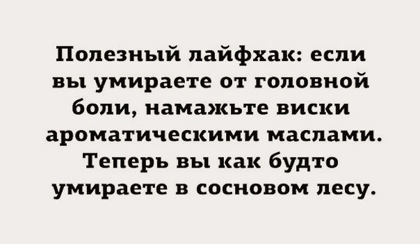 Полезный пайфхак если вы умираете от головной боли намажъте виски ароматическими маслами Теперь вы как будто умираете в сосновом лесу
